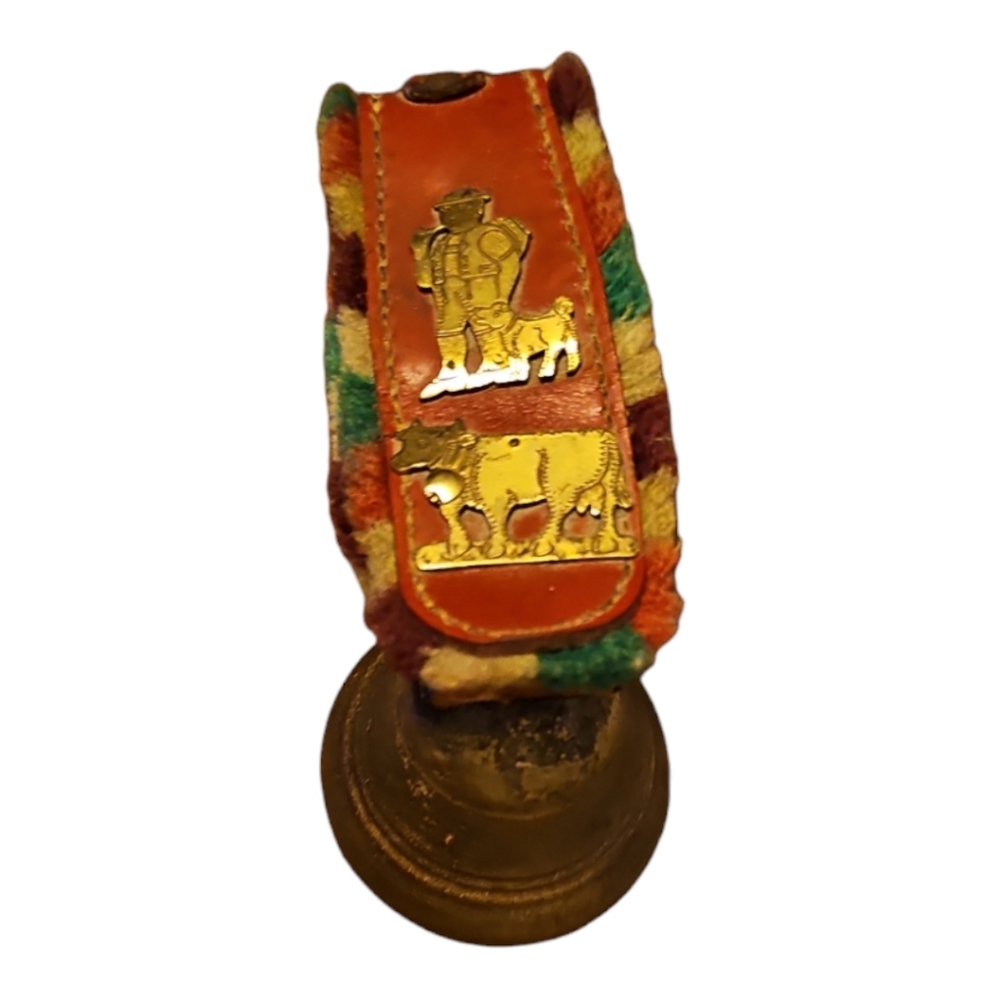 Vintage Swiss Brass Cow Bell Strap with Rainbow Fringe